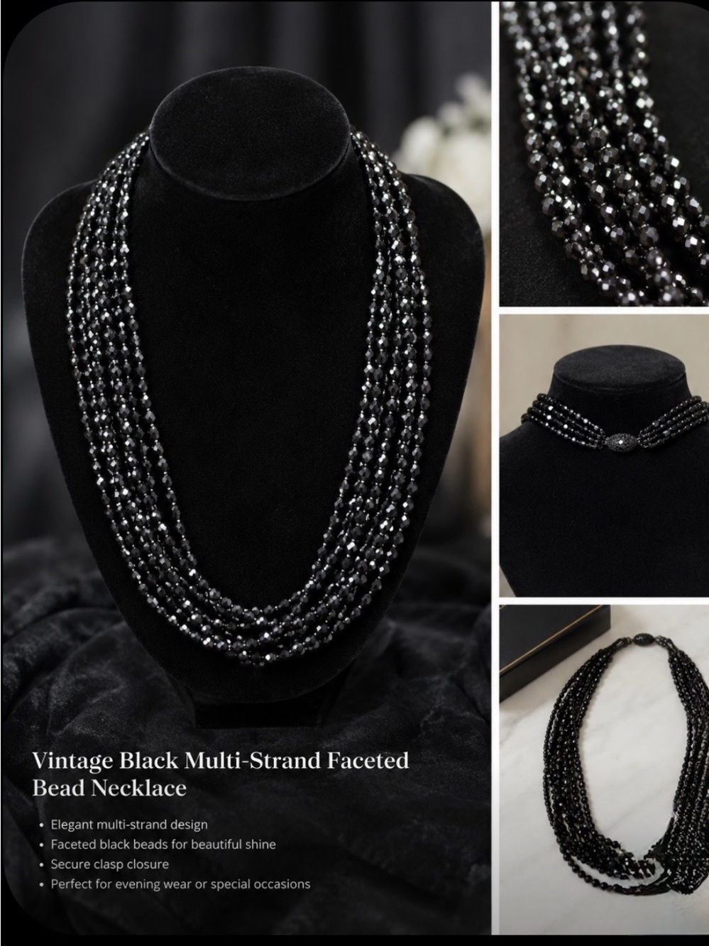 Vintage Black Multi-Strand Faceted Bead Necklace - Women Jewelry